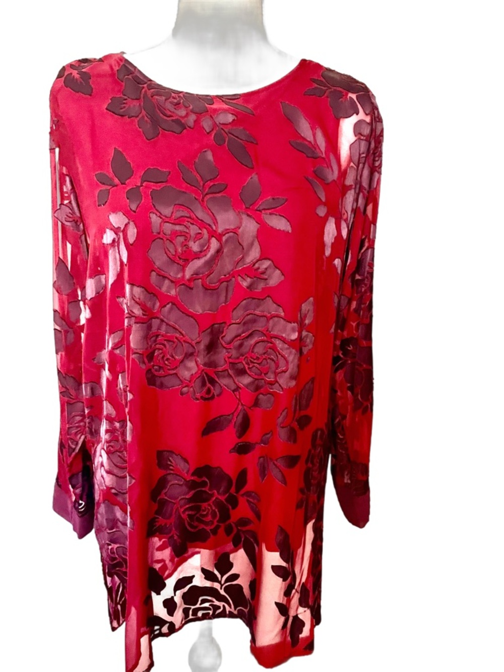 Soft Surroundings Red Floral Burnout Velvet Long Sleeve Top